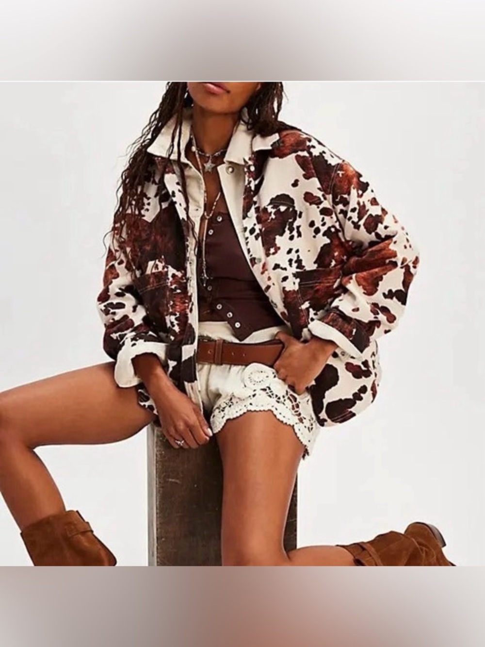 Free People // We The Free Ivory & Brown Cowprint Button Down Jacket